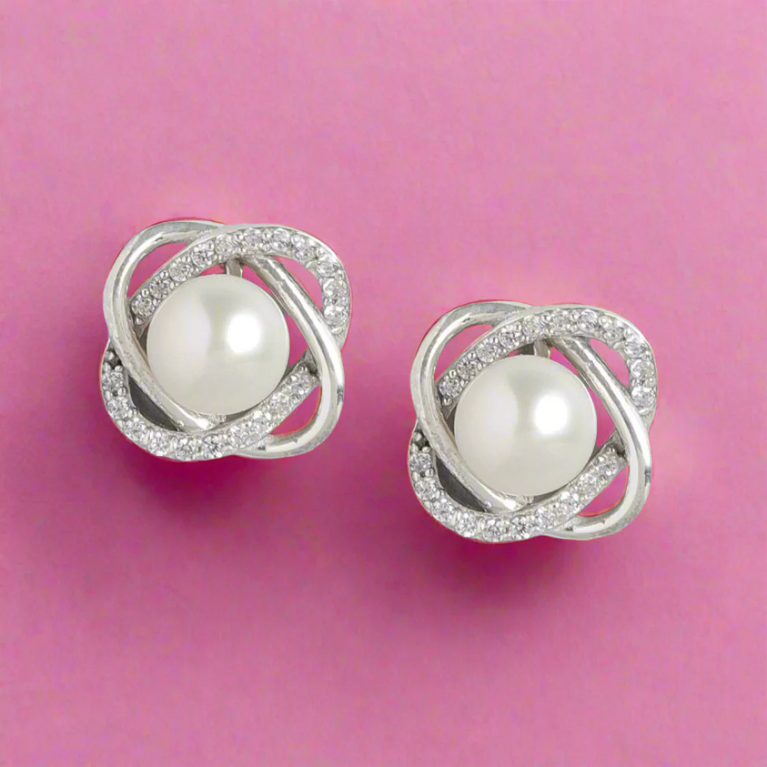 Timeless Elegance 925 Sterling Silver Stud Earrings with Cubic Zirconia & Pearl - Image 3