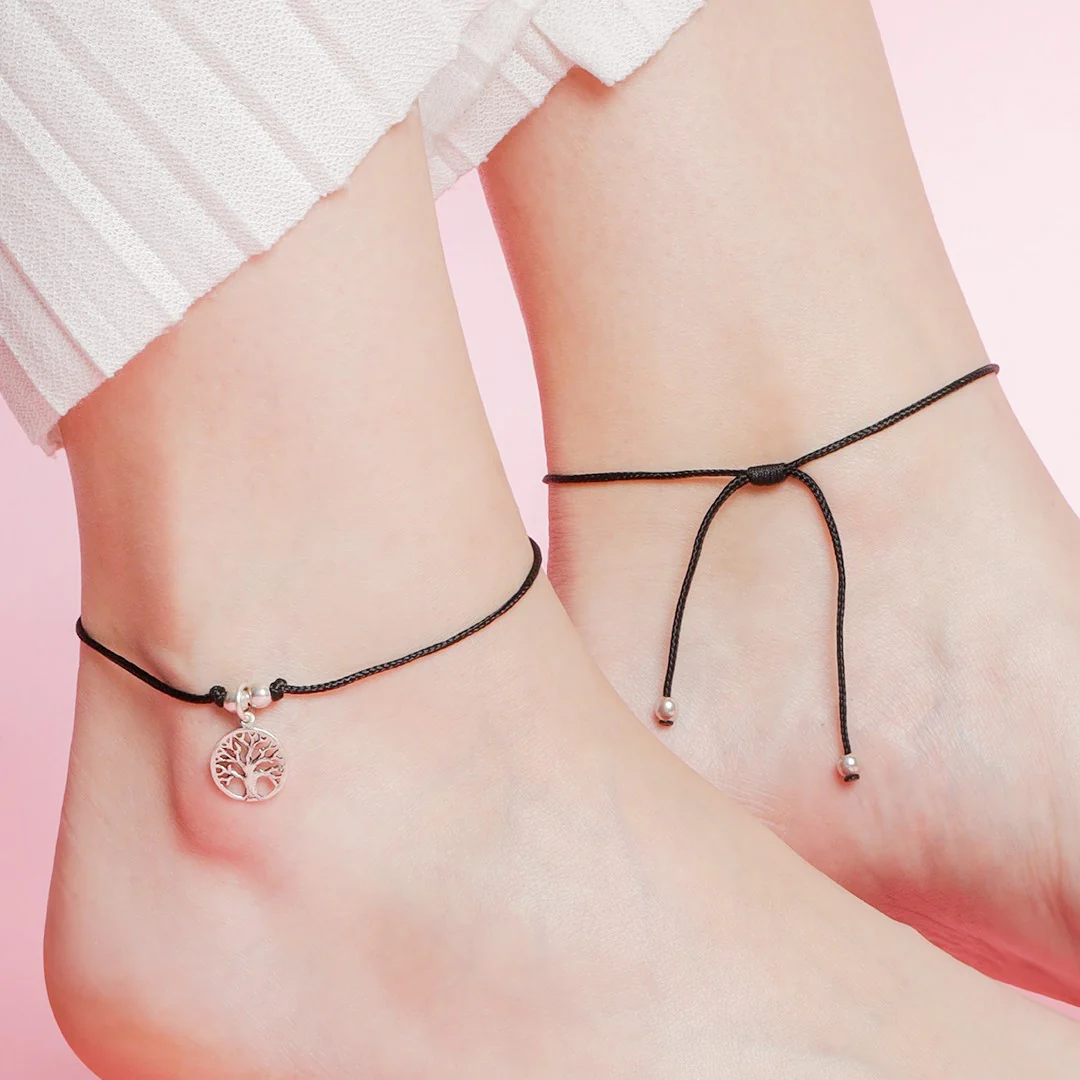 Tree of Life Rhodium Plated 925 Sterling Silver Thread Anklet - Image 7