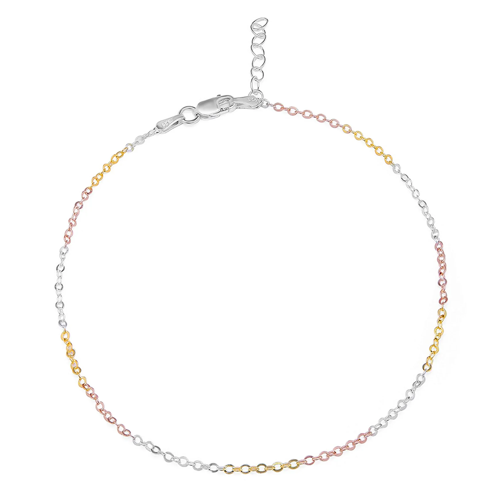 Trendy Triple Tone 925 Sterling Silver Cable Chain Anklet - Image 7