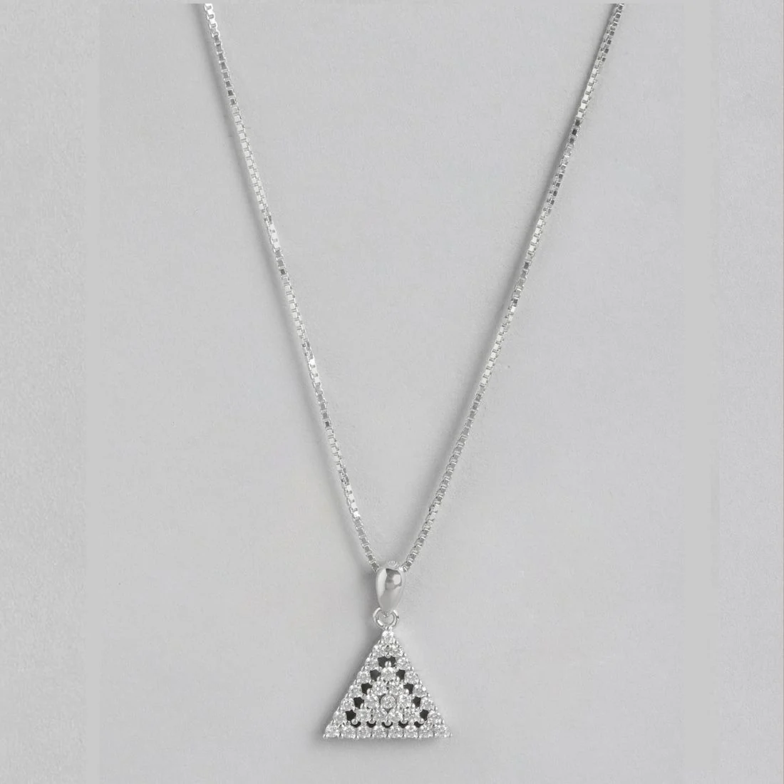 Triangular Elegance Rhodium-Plated Sterling Silver CZ Pendant with Chain - Image 3