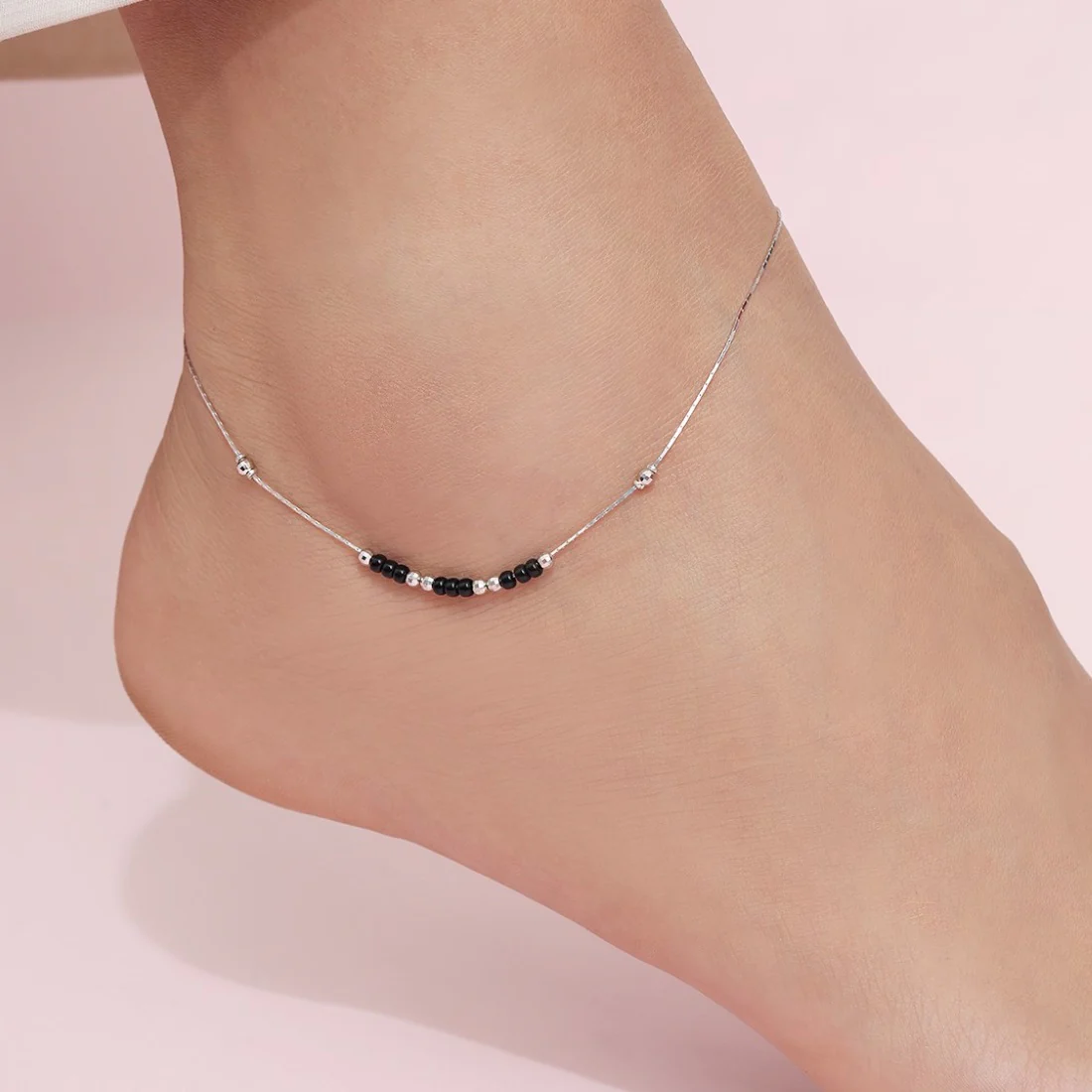 Triple Beaded Rhodium Plated 925 Sterling Silver Anklet - Image 2