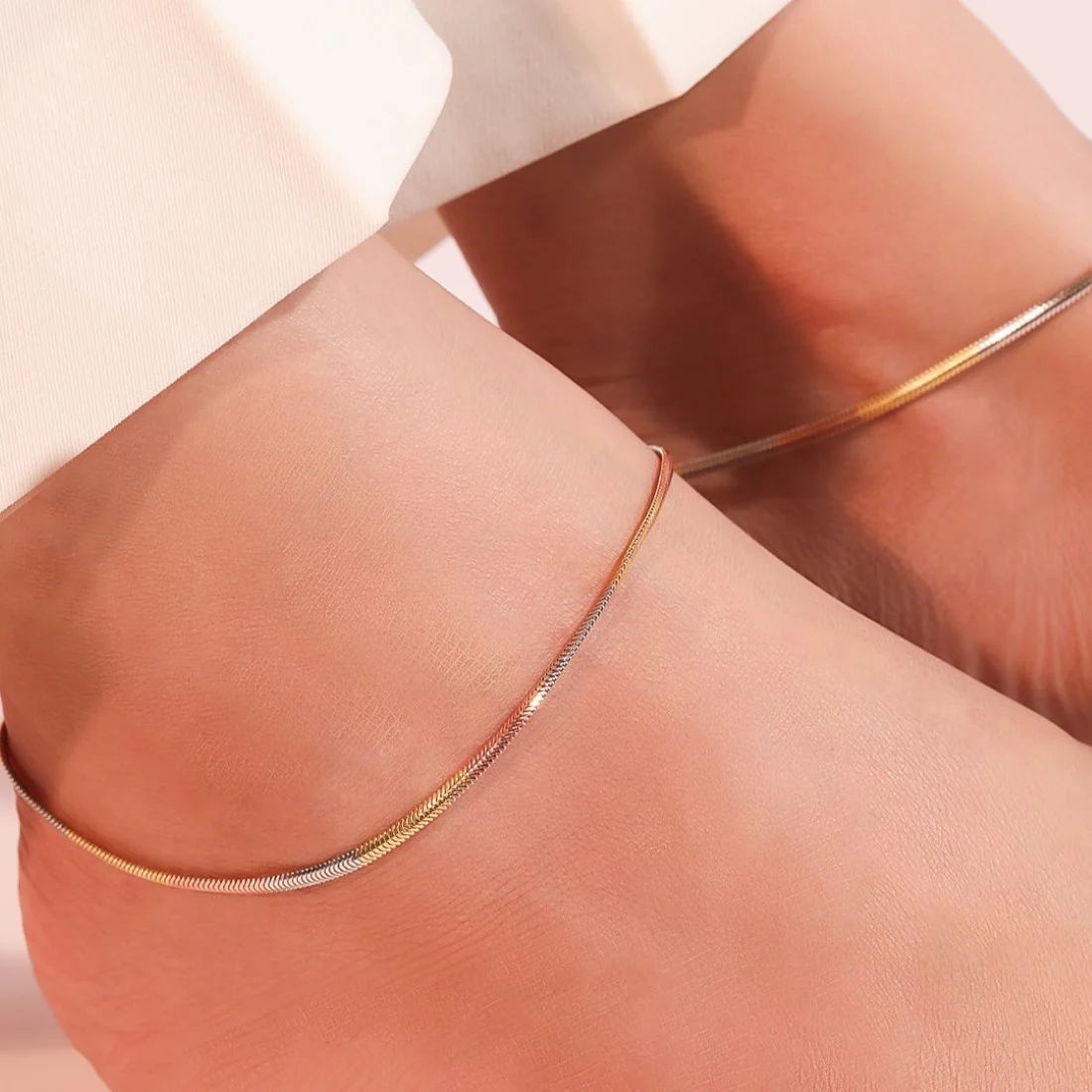 Triple Harmony Triple Tone Plated 925 Sterling Silver Snake Chain Anklet - Image 2