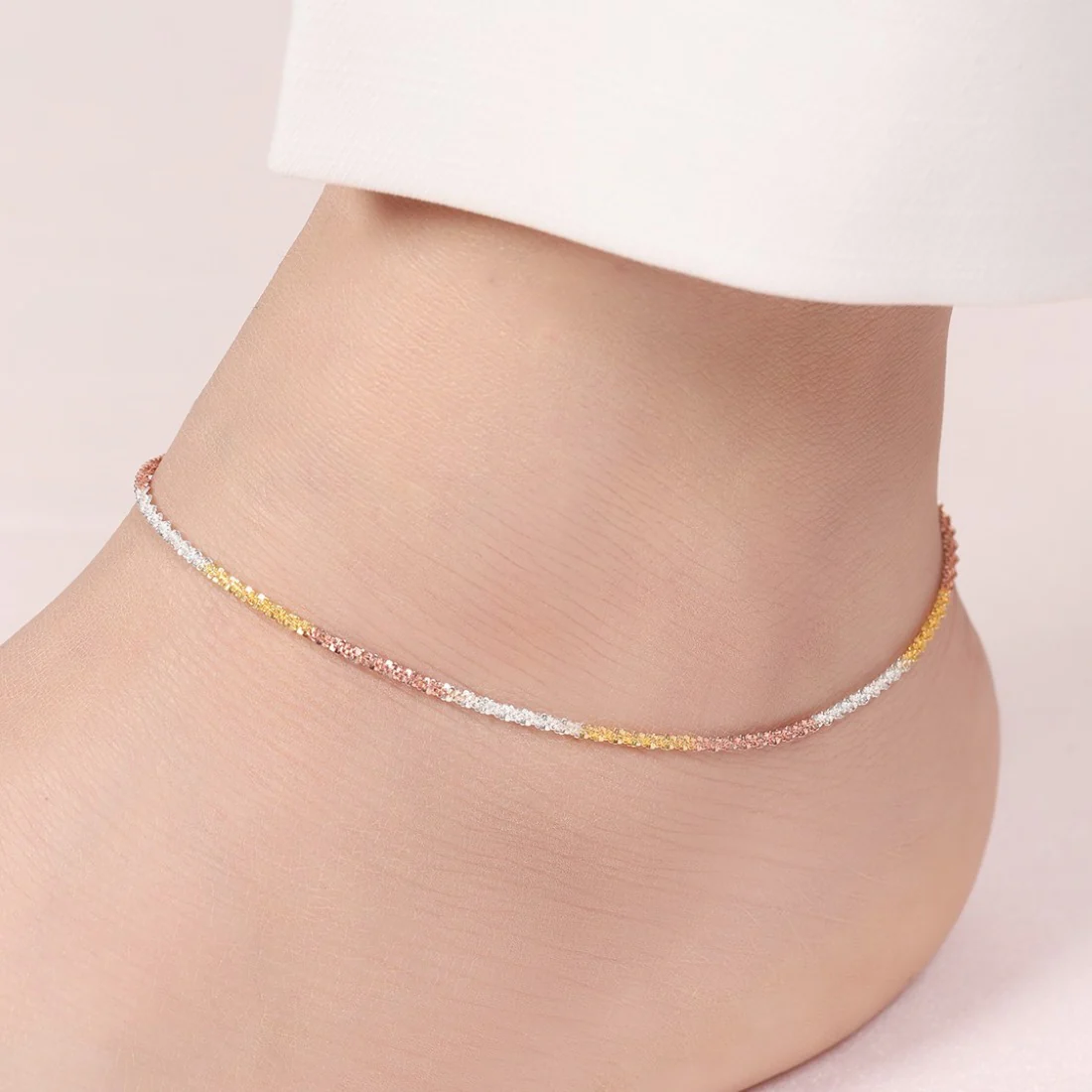 Triple Tone Weave Chain 925 Sterling Silver Anklet - Image 4
