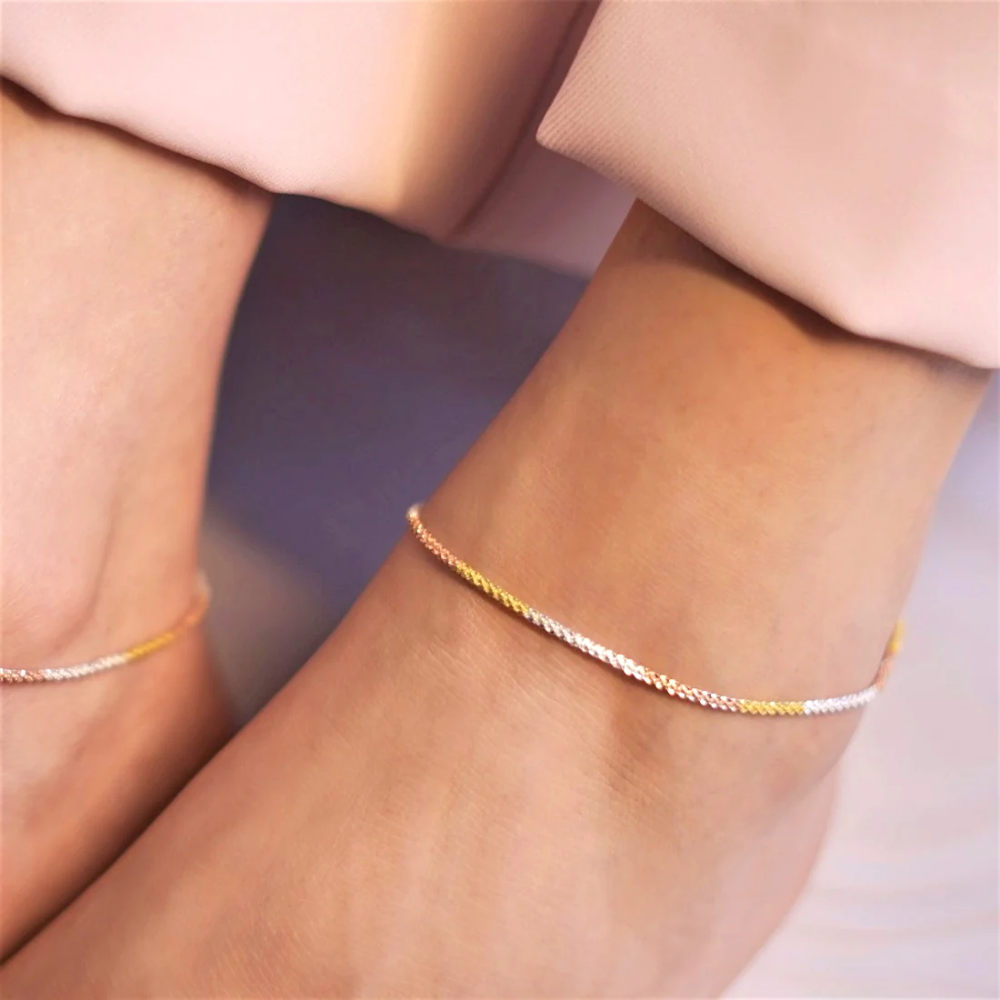 Triple Tone Weave Chain 925 Sterling Silver Anklet - Image 5