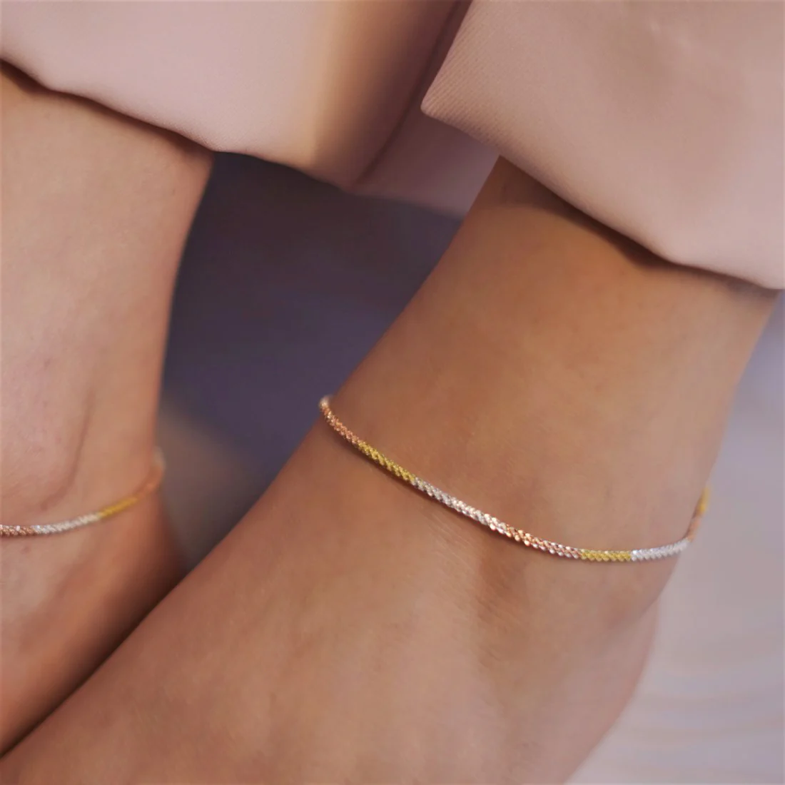 Triple Tone Weave Chain 925 Sterling Silver Anklet - Image 8