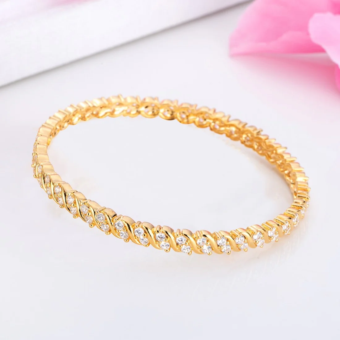 Two-Line CZ Dance Gold-Plated 925 Sterling Silver Bangle - Image 2