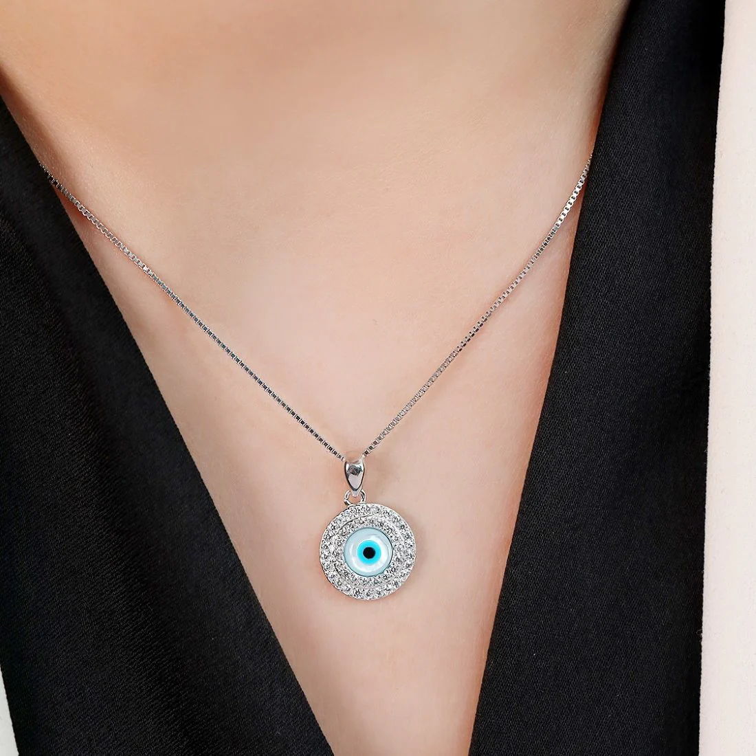 Evil Eye Rhodium-Plated 925 Sterling Silver Pendant with Chain - Image 2