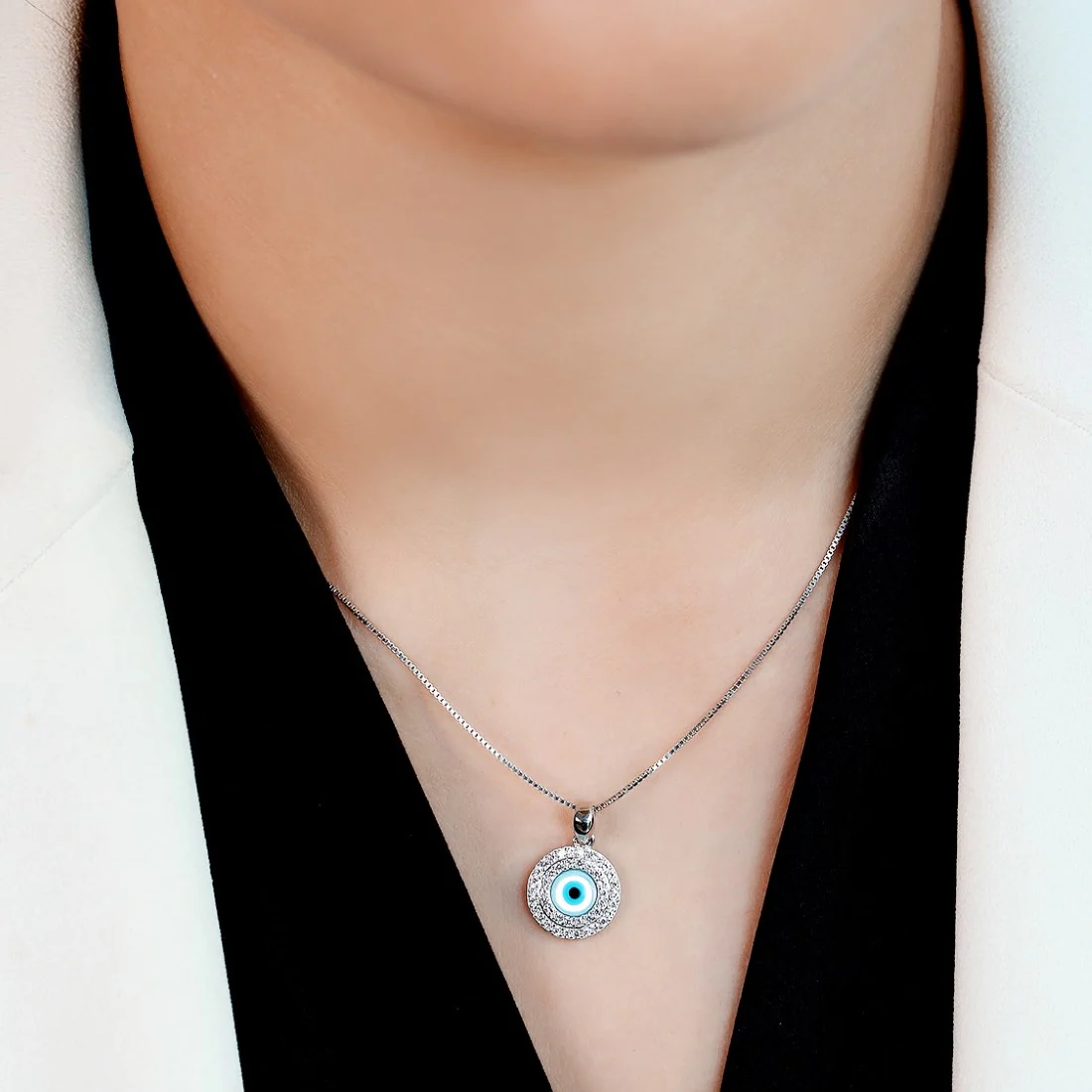 Evil Eye Rhodium-Plated 925 Sterling Silver Pendant with Chain - Image 3