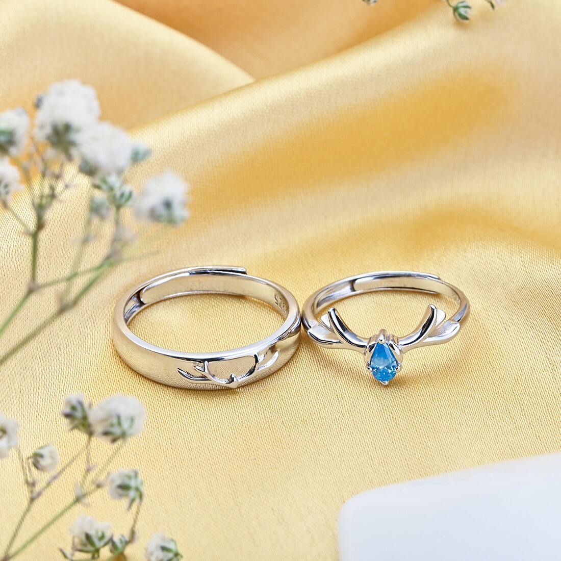 Whimsical Deer Rhodium-Plated 925 Sterling Silver Couple Ring with Cubic Zirconia (Adjustable)