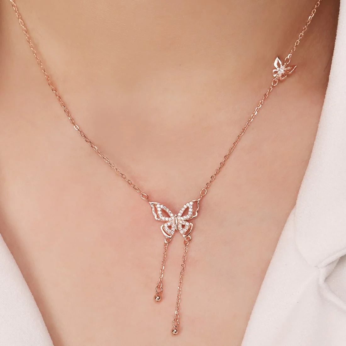 Whimsical Wings 925 Sterling Silver Rose Gold-Plated Butterfly Necklace - Image 2
