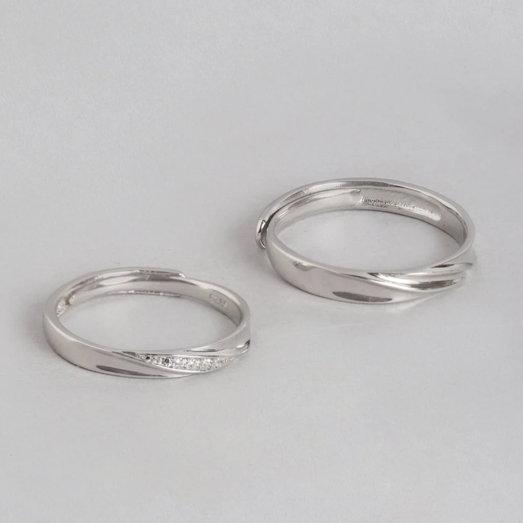 You & Me Rhodium Plated 925 Sterling Silver Couple Ring (Adjustable) - Image 6