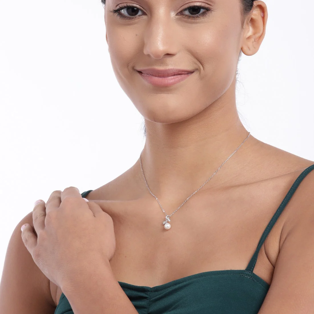 Leaf Pearl Rhodium Plated 925 Sterling Silver Necklace - Image 2