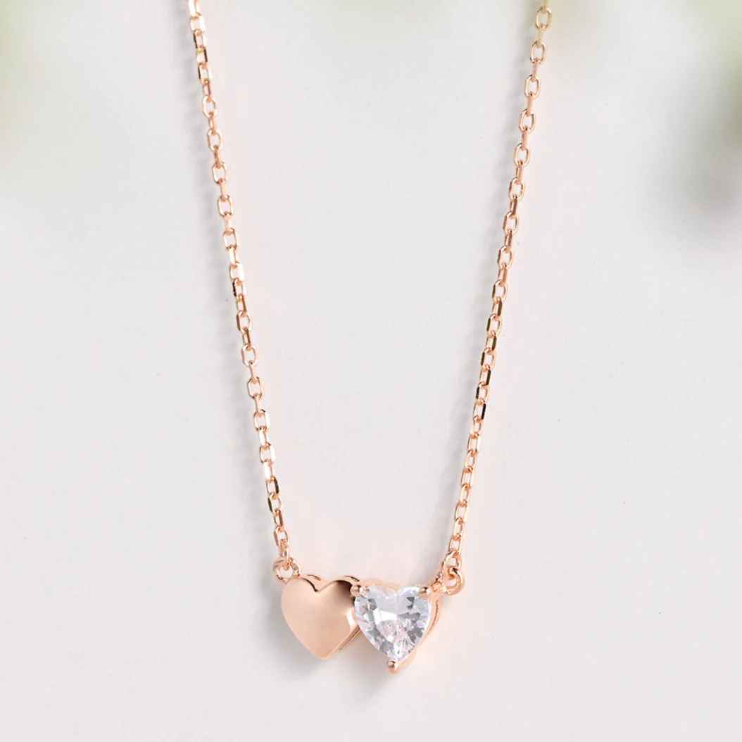 Double Heart Rose Gold Plated 925 Sterling Silver Necklace