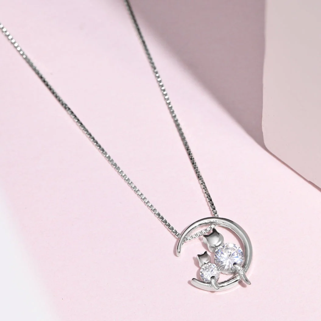 Moon CZ Studded 925 Sterling Silver Necklace