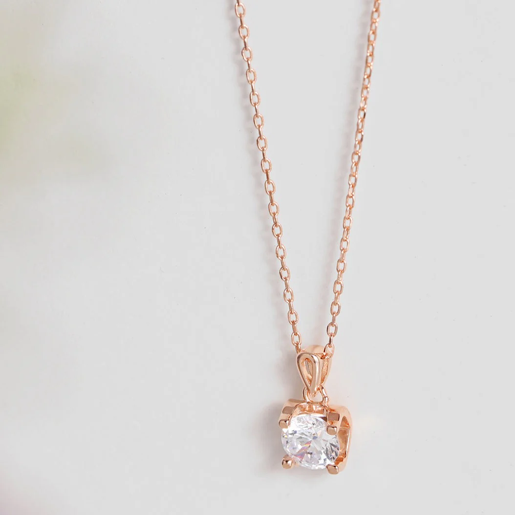 CZ Solitaire Rose Gold Plated 925 Sterling Silver Necklace - Image 2