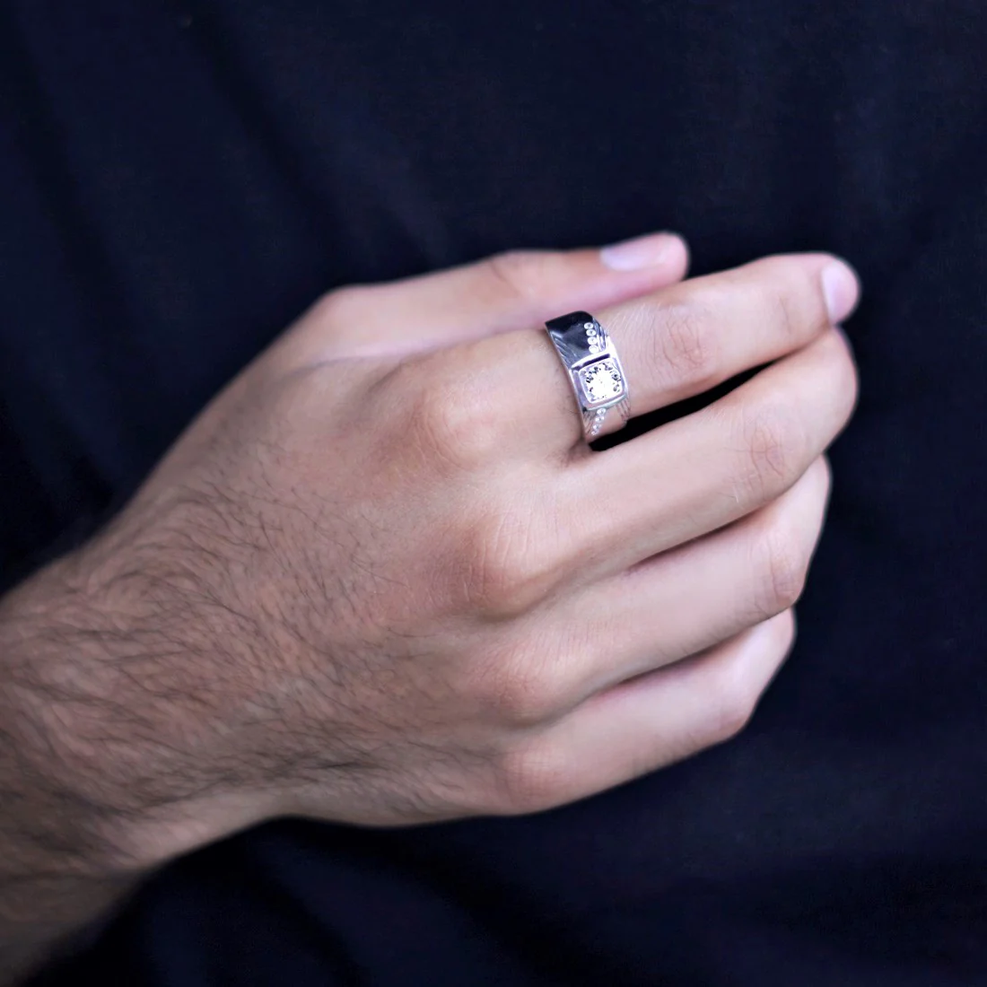 CZ Studded Rhodium Plated 925 Sterling Silver Ring for Him (Adjustable) - Image 3