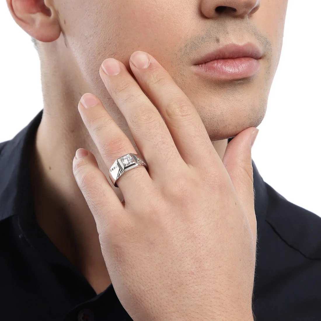 CZ Studded Rhodium Plated 925 Sterling Silver Ring for Him (Adjustable) - Image 4