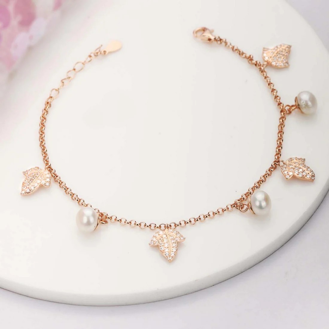 Twinkling Leaves and Cute Pearls Charm 925 Silver Bracelet - Image 3