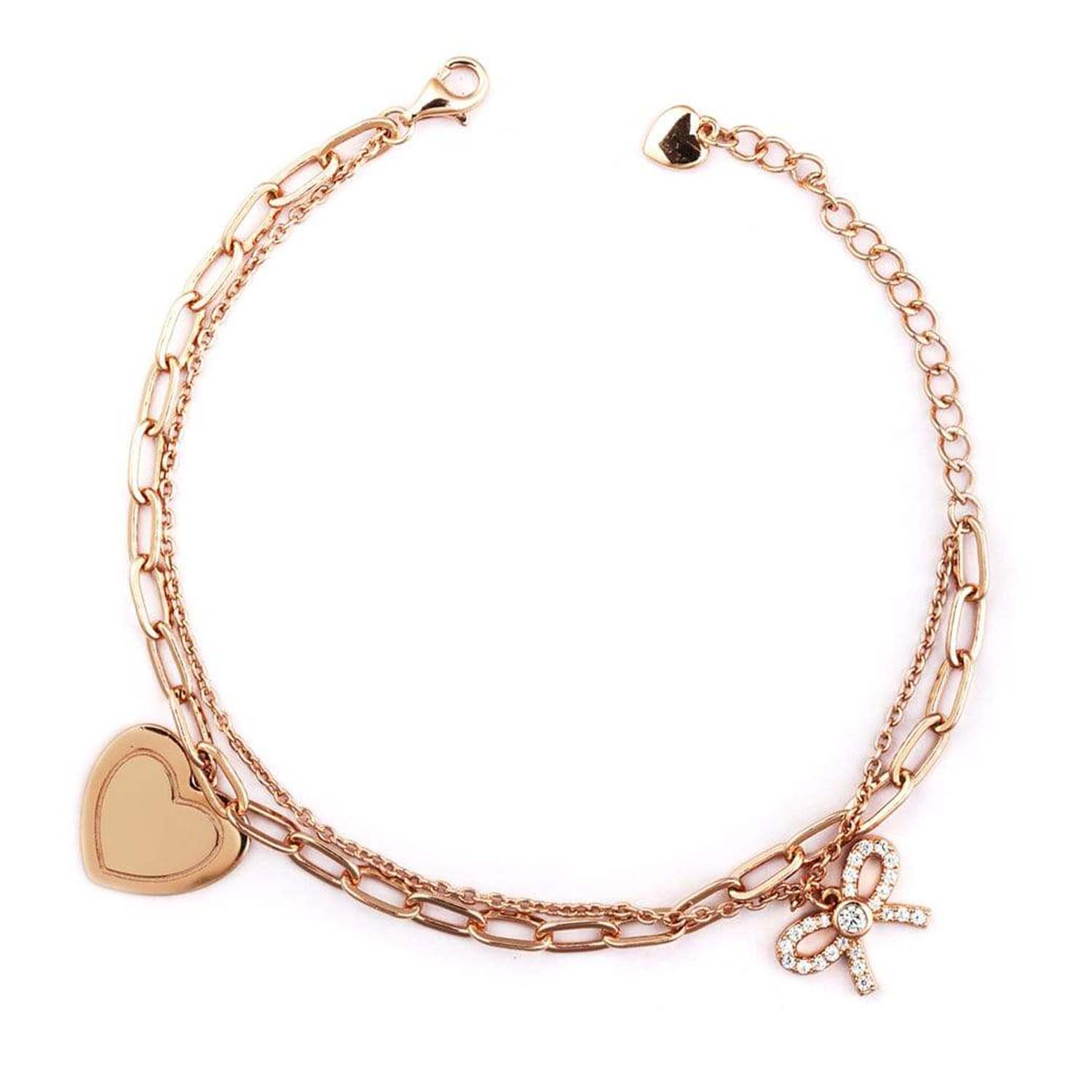 Bow and Heart CZ Charm 925 Silver Bracelet - Image 3