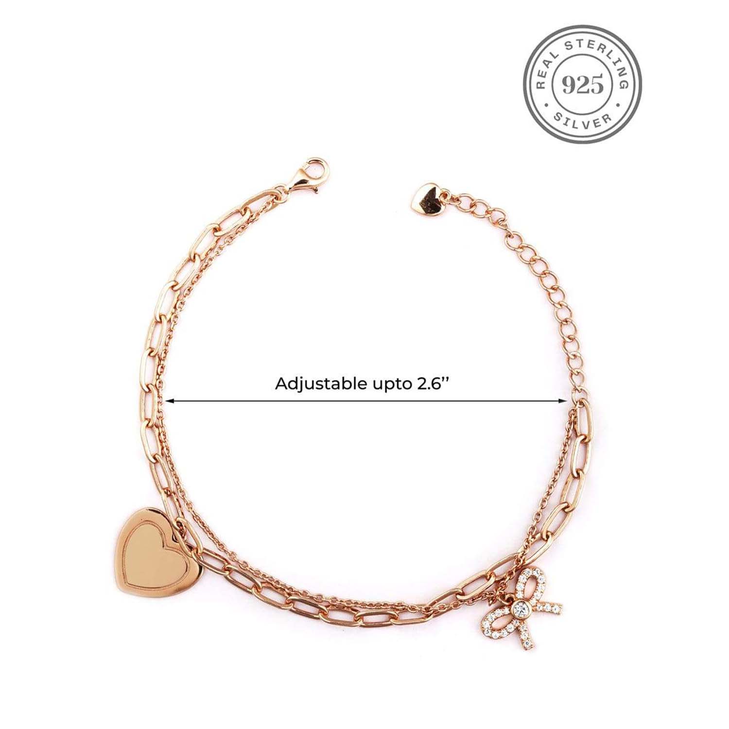 Bow and Heart CZ Charm 925 Silver Bracelet - Image 4